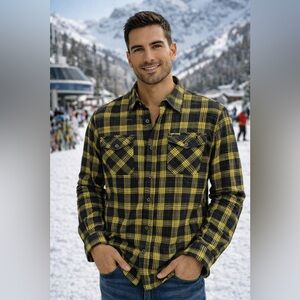 BRAGG Companies Men’s Plaid Work Shirt L – Black & Yellow, Long Sleeve